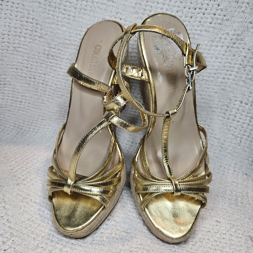 Colin Stuart Gold Strappy Leather Platform Wedge Heel Size 8.5 Womens